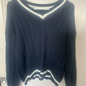 SHEIN Navy and White V-Neck Sweater